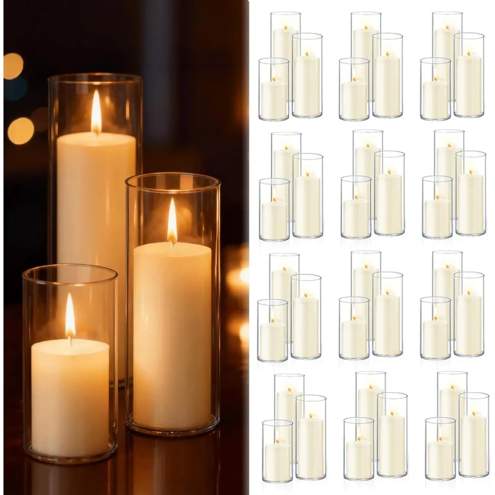 LocalStock 72 Pcs Ivory White Pillar Candles with Clear Glass Hurricane Candle Holders Cylinder Vases for Wedding Party Event Ho