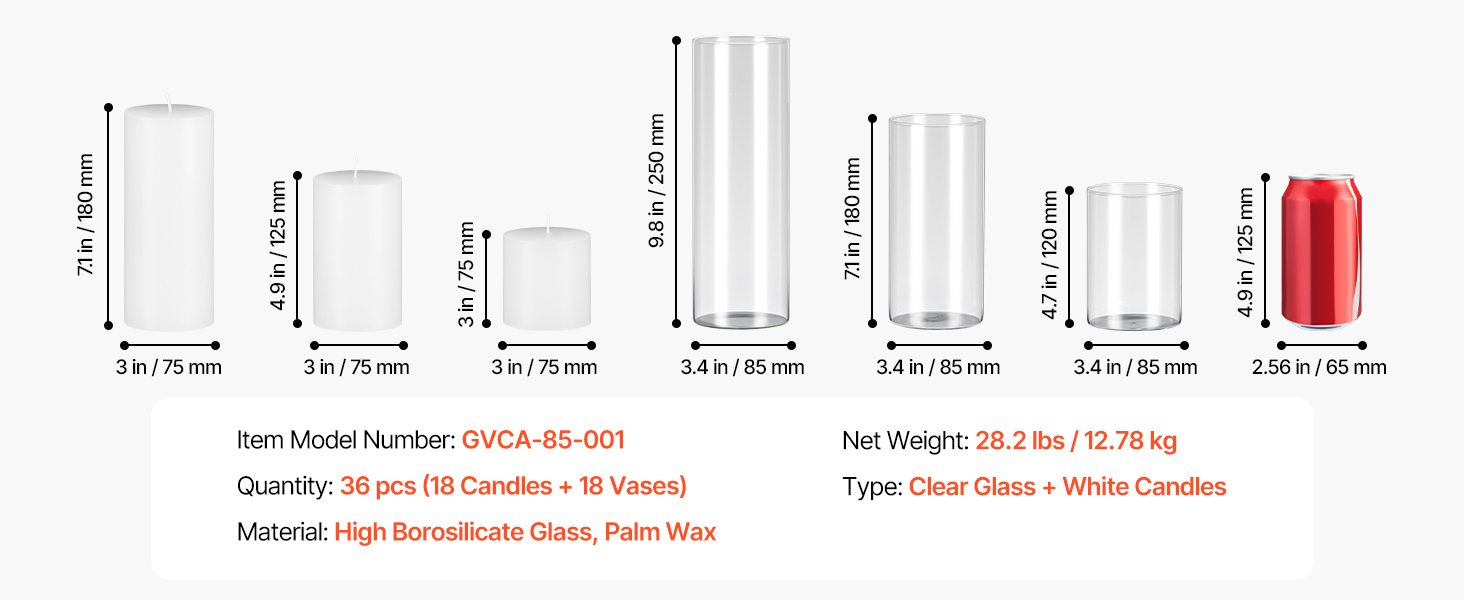 SucceBuy Pillar Candles and Glass Vases Set 24-120pcs Clear Cylinder Hurricane Candle Holders for Wedding Centerpieces Tall Vase