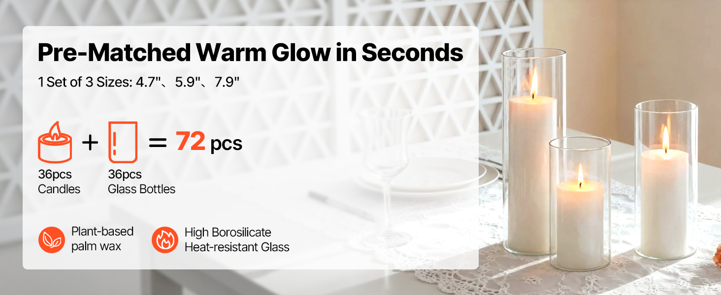 SucceBuy Pillar Candles and Glass Vases Set 24-120pcs Clear Cylinder Hurricane Candle Holders for Wedding Centerpieces Tall Vase
