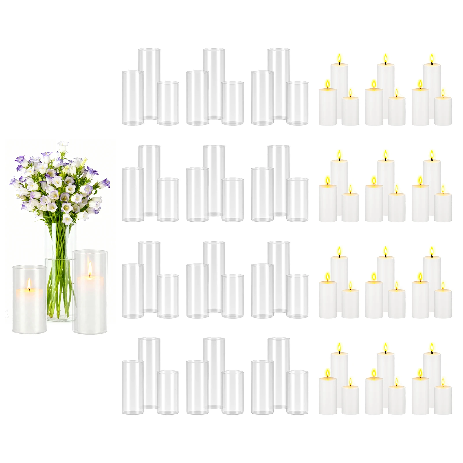SucceBuy Pillar Candles and Glass Vases Set 24-120pcs Clear Cylinder Hurricane Candle Holders for Wedding Centerpieces Tall Vase