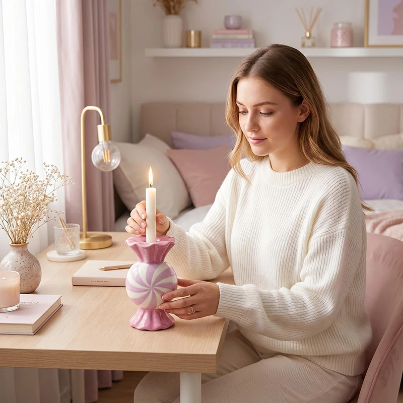 Purple Candy Shape Ceramic Candle Holder Ornaments Romantic Candlestick Table Decoration Wax Melt Burner Home Aroma Container
