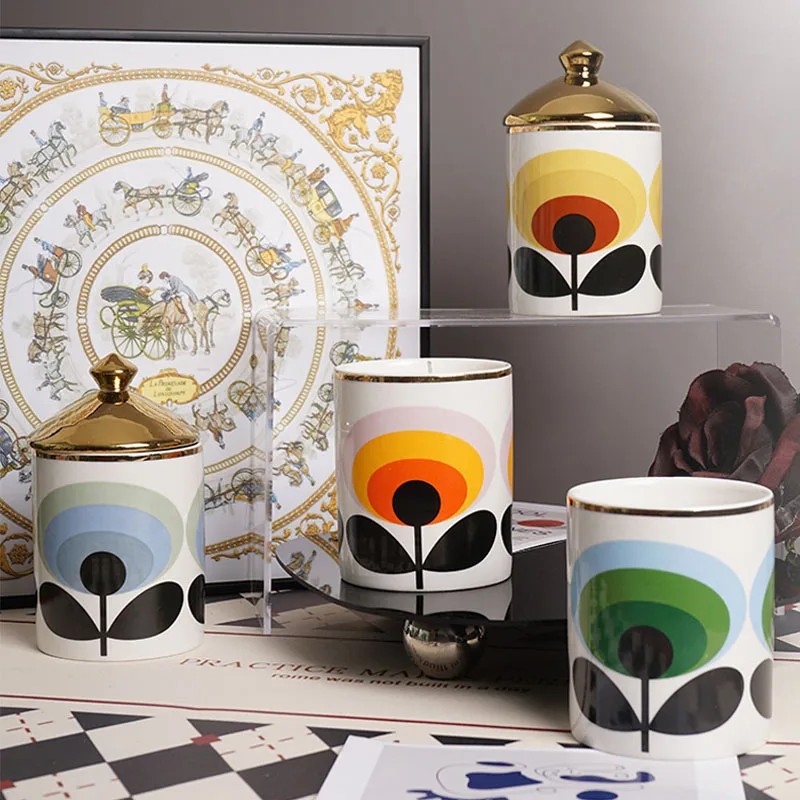 European Ceramic Pop Art Orla Kiely Style Flower Empty Candle Holder Home Decorative Candle Jar Cotton Swab Jewelry Storage Box