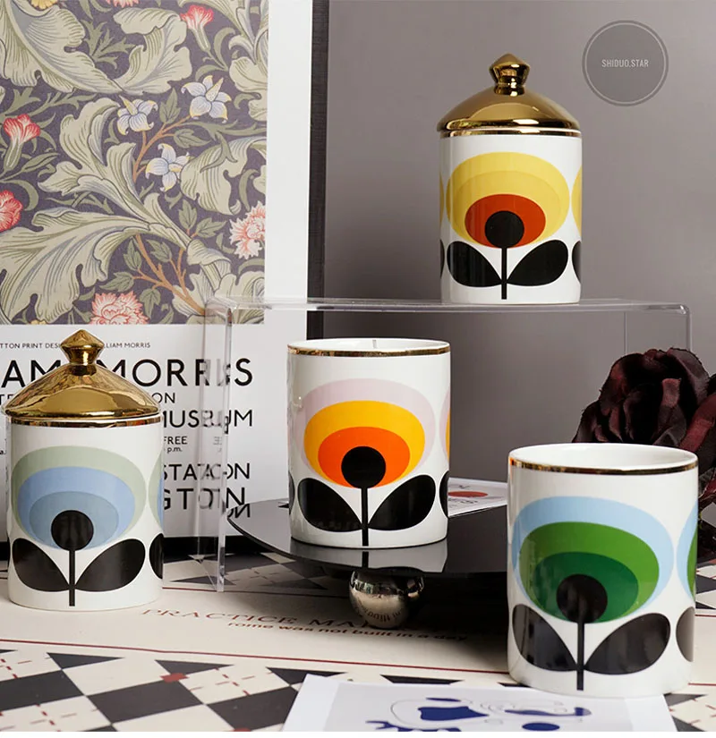 European Ceramic Pop Art Orla Kiely Style Flower Empty Candle Holder Home Decorative Candle Jar Cotton Swab Jewelry Storage Box