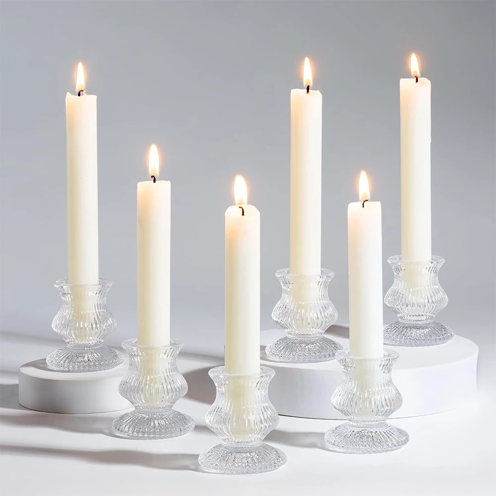 European Style Amber Glass Candle Holders Vintage Ribbed Candlestick Romantic Atmosphere Candle Tray for Wedding Party Dinner