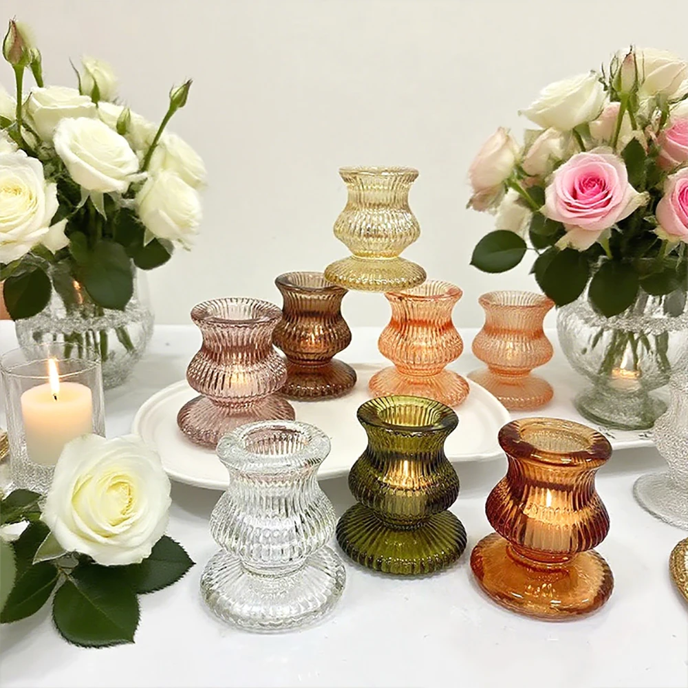 European Style Amber Glass Candle Holders Vintage Ribbed Candlestick Romantic Atmosphere Candle Tray for Wedding Party Dinner