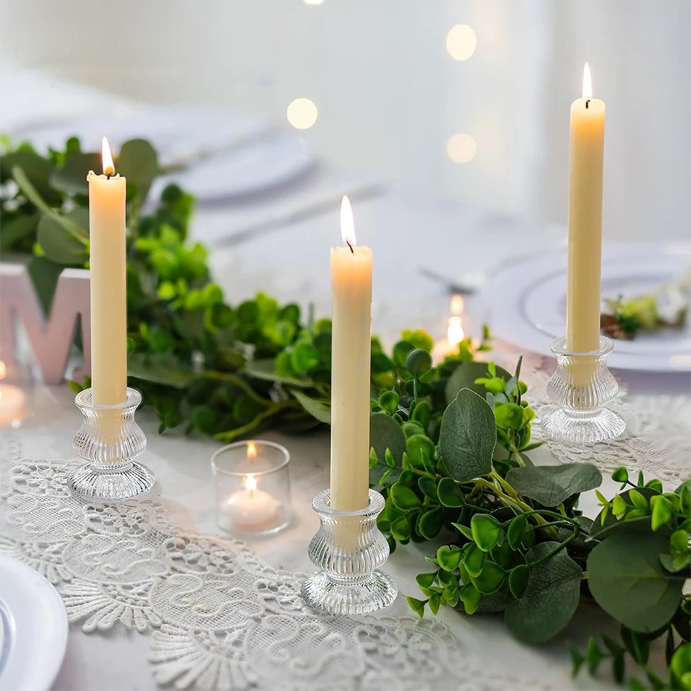 European Style Amber Glass Candle Holders Vintage Ribbed Candlestick Romantic Atmosphere Candle Tray for Wedding Party Dinner