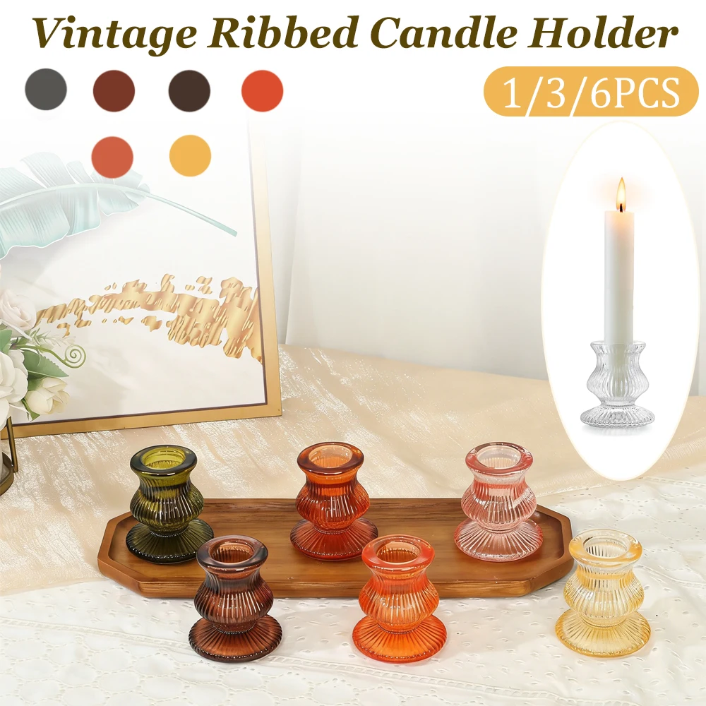 European Style Amber Glass Candle Holders Vintage Ribbed Candlestick Romantic Atmosphere Candle Tray for Wedding Party Dinner