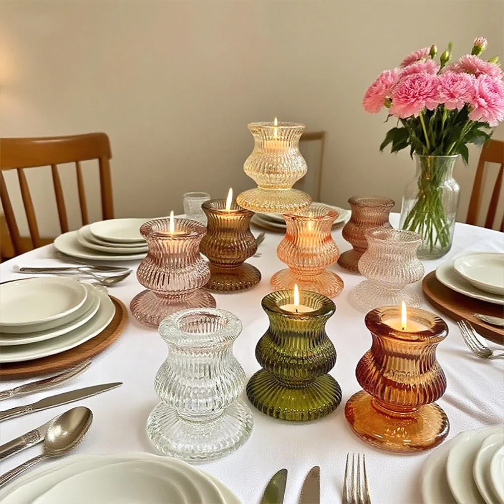European Style Amber Glass Candle Holders Vintage Ribbed Candlestick Romantic Atmosphere Candle Tray for Wedding Party Dinner