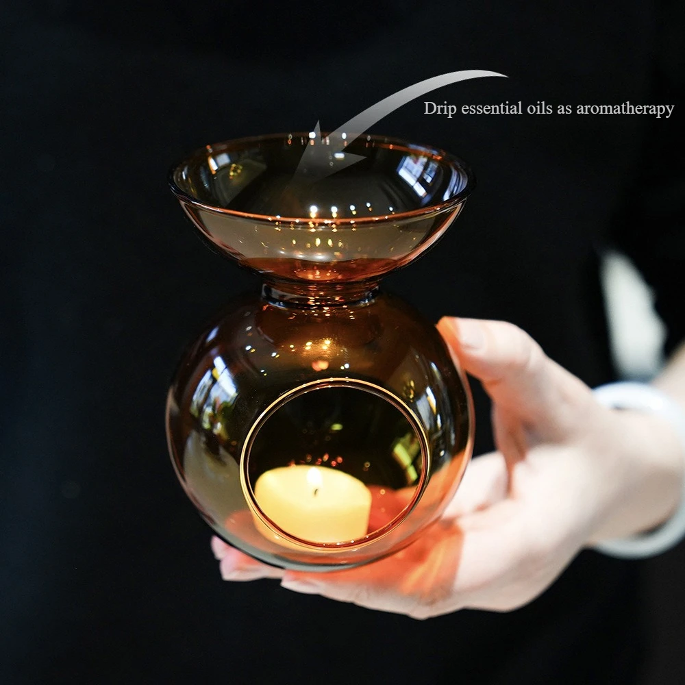 Vintage Amber Glass Tealight Candle Holder Essential Oil Burner Aromatherapy Lamp Romantic Home Wedding Decoration