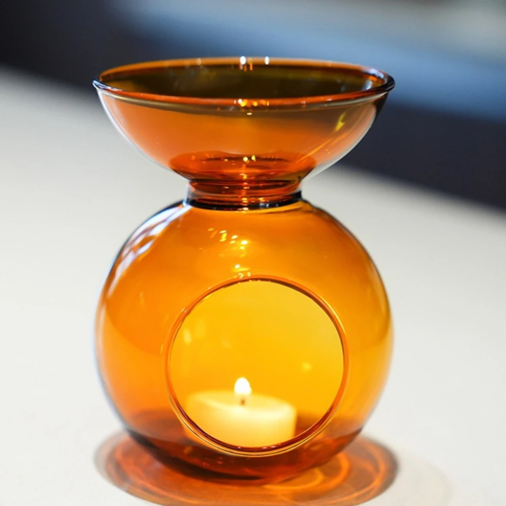 Vintage Amber Glass Tealight Candle Holder Essential Oil Burner Aromatherapy Lamp Romantic Home Wedding Decoration