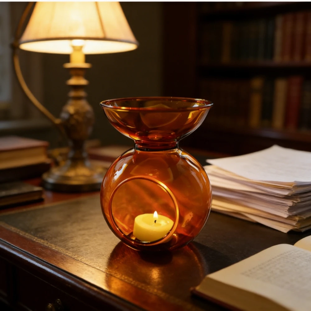 Vintage Amber Glass Tealight Candle Holder Essential Oil Burner Aromatherapy Lamp Romantic Home Wedding Decoration