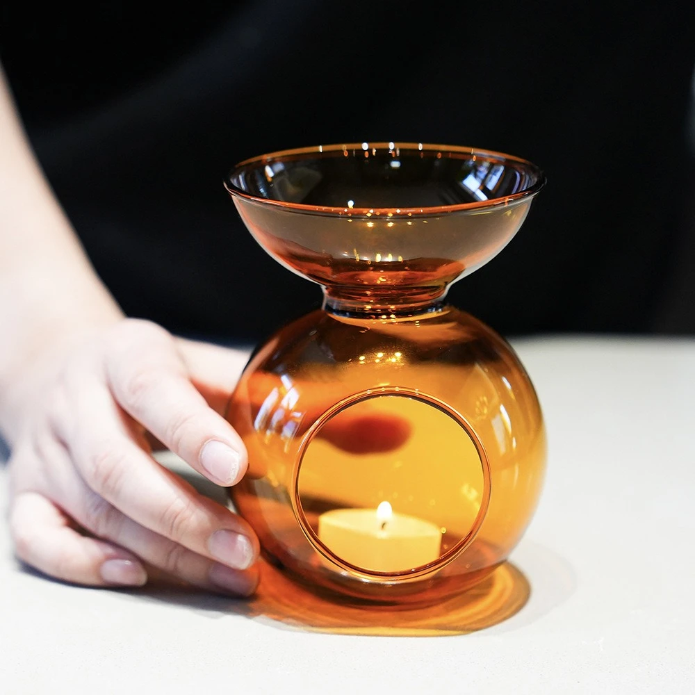 Vintage Amber Glass Tealight Candle Holder Essential Oil Burner Aromatherapy Lamp Romantic Home Wedding Decoration