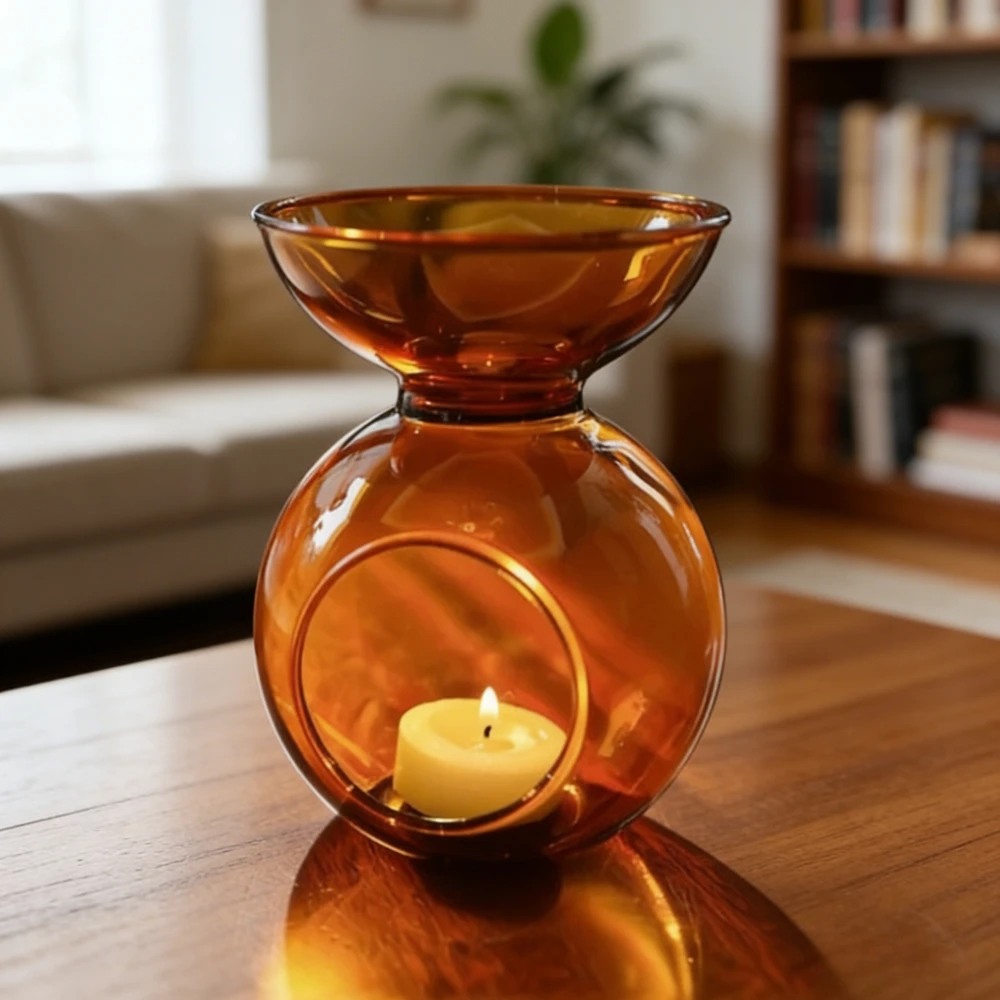 Vintage Amber Glass Tealight Candle Holder Essential Oil Burner Aromatherapy Lamp Romantic Home Wedding Decoration