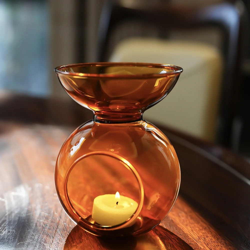 Vintage Amber Glass Tealight Candle Holder Essential Oil Burner Aromatherapy Lamp Romantic Home Wedding Decoration