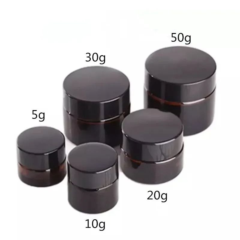 20pcs 5ml 10ml 15ml 20ml 30ml Mini Amber Glass Candle Jars Empty Cosmetic Face Cream Jar Sample Loose Powder Pot with Black Lid