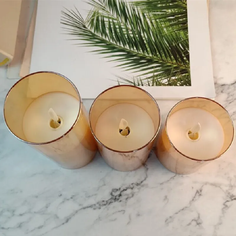 USB Rechargeable LED Flameless Pillar Golden Glass Candle Set Flickering Moving Wick Paraffin Wax Remote Control W/Timer-Amber