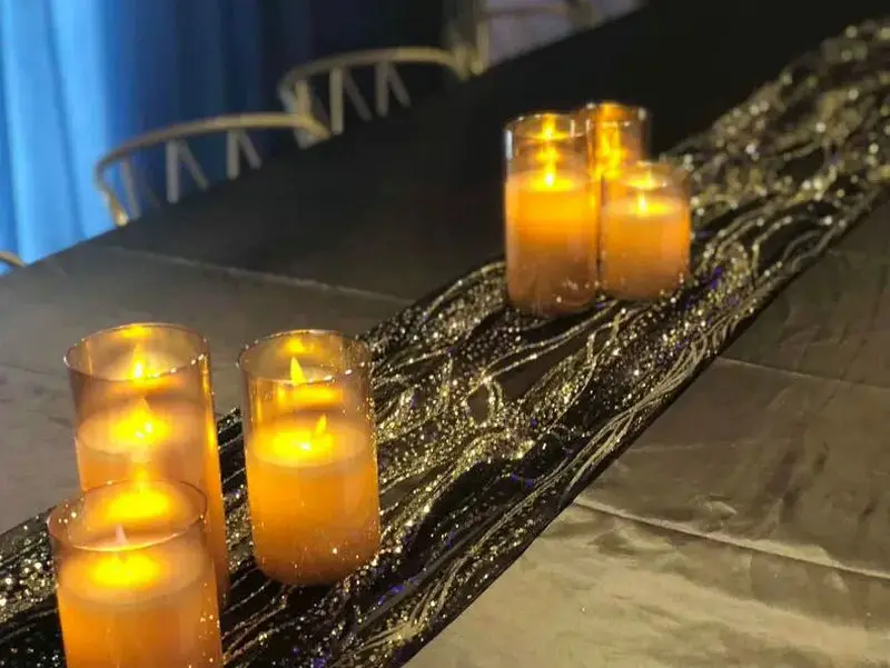 USB Rechargeable LED Flameless Pillar Golden Glass Candle Set Flickering Moving Wick Paraffin Wax Remote Control W/Timer-Amber