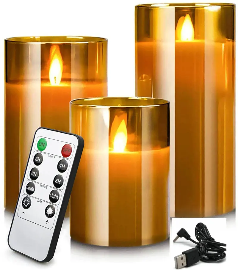 USB Rechargeable LED Flameless Pillar Golden Glass Candle Set Flickering Moving Wick Paraffin Wax Remote Control W/Timer-Amber