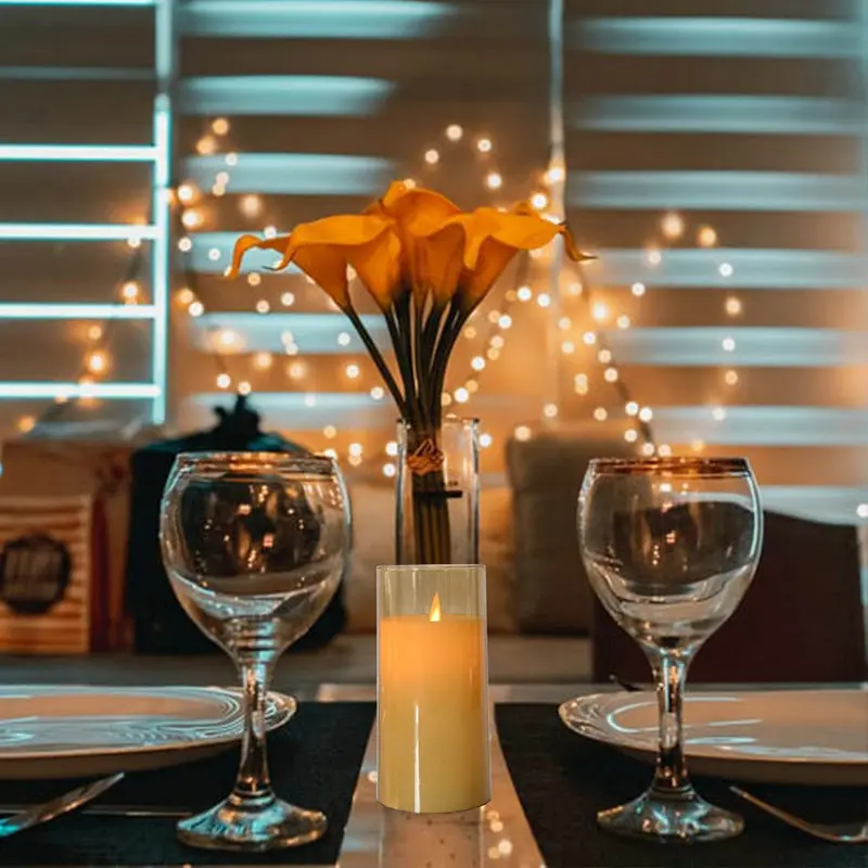 USB Rechargeable LED Flameless Pillar Golden Glass Candle Set Flickering Moving Wick Paraffin Wax Remote Control W/Timer-Amber