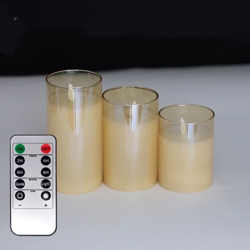 USB Rechargeable LED Flameless Pillar Golden Glass Candle Set Flickering Moving Wick Paraffin Wax Remote Control W/Timer-Amber