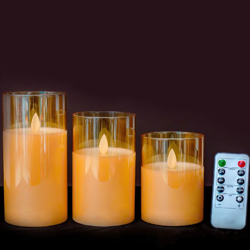 USB Rechargeable LED Flameless Pillar Golden Glass Candle Set Flickering Moving Wick Paraffin Wax Remote Control W/Timer-Amber